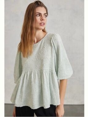 by Anthropologie Amorina Babydoll Top Mint Green Textured Blouse Puff Size XS